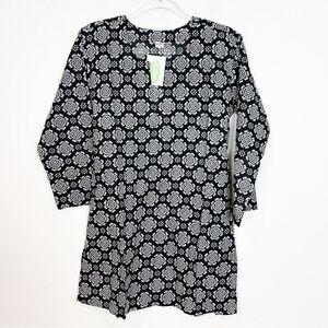 DOLMA BLACK OFF-WHITE PATTERN TUNIC SHIFT DRESS COVER UP WOMENS SZ MEDIUM NWT